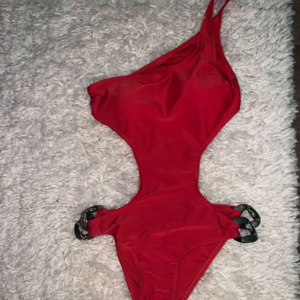 Red one piece, one shoulder swimsuit